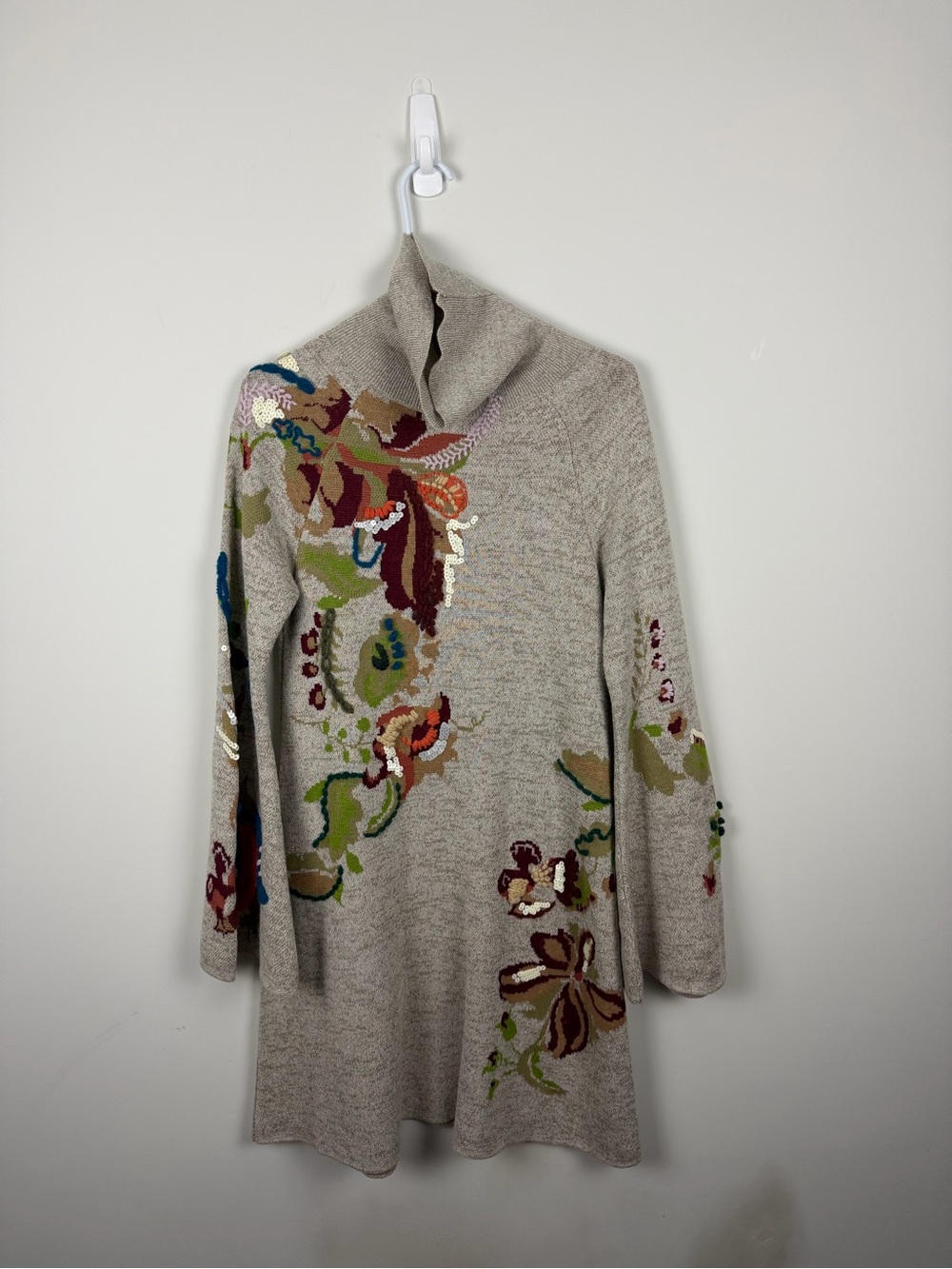 Beige Floral-Embroidered Turtleneck Long-Sleeve Dress